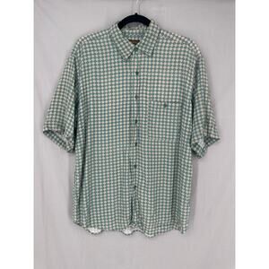 90s Vintage Shirt Mens Large Green Button Diamond Camp Casual Beige Short Sleeve